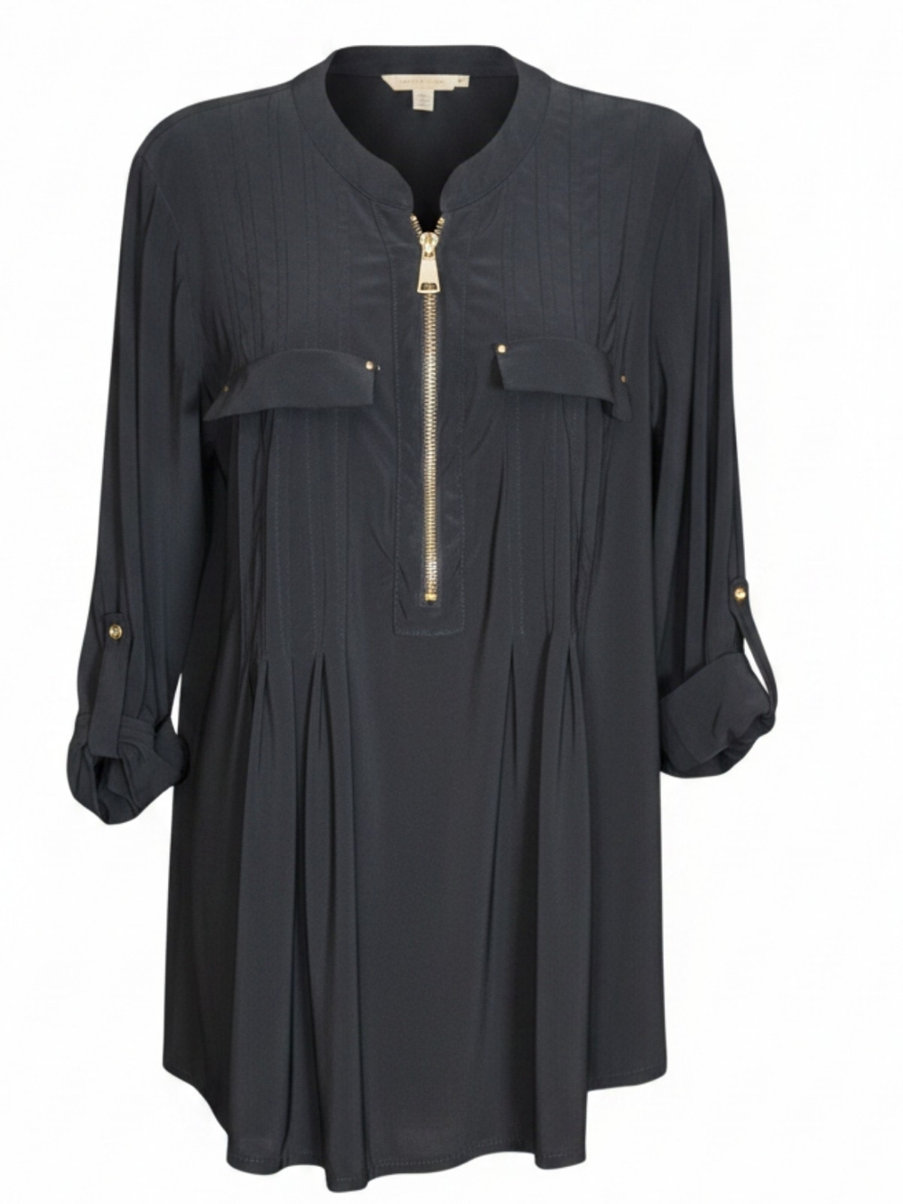 Avenue Black Long-Sleeve Top with Gold Zip Detail